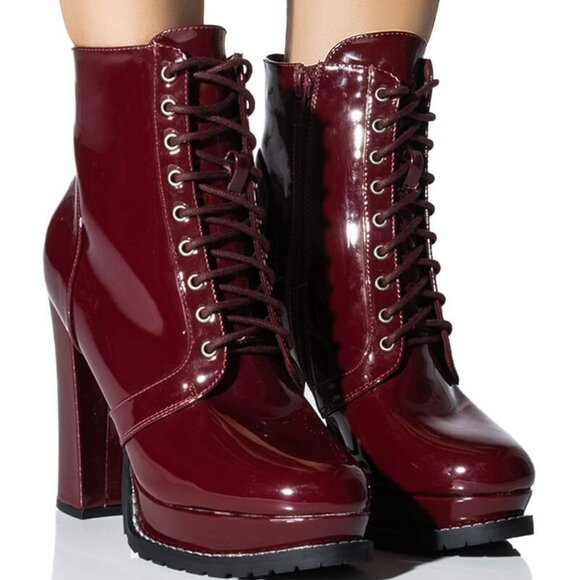 AZALEA WANG "PATENT BURGUNDY BADDIE " CHUNKY LACE UP BOOTIE ( BRAND NEW !!! ) - Picture 1 of 7